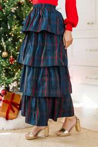 All The Gifts Navy Plaid Tiered Midi Skirt