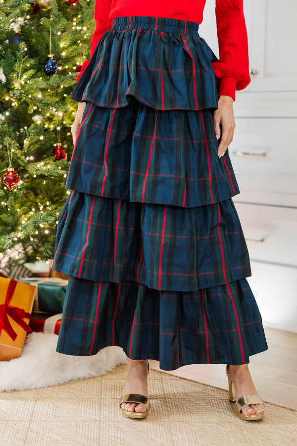 All The Gifts Navy Plaid Tiered Midi Skirt