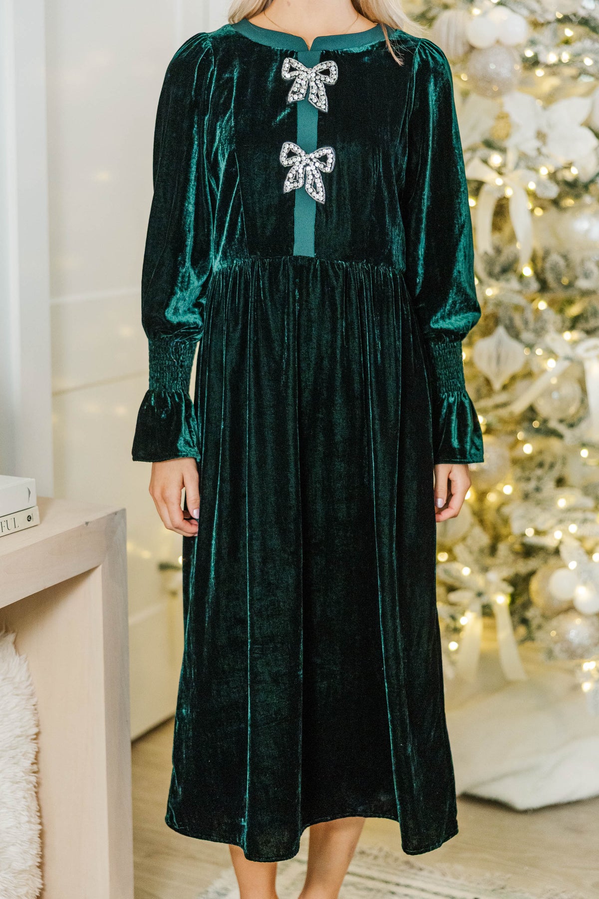 A Soft Glow Emerald Embellished Velvet Midi Dress – Shop the Mint