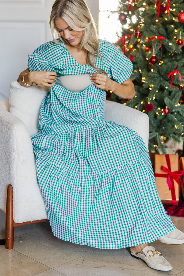 NURSING COLLECTION: Falling In Love Emerald Gingham Maxi Dress