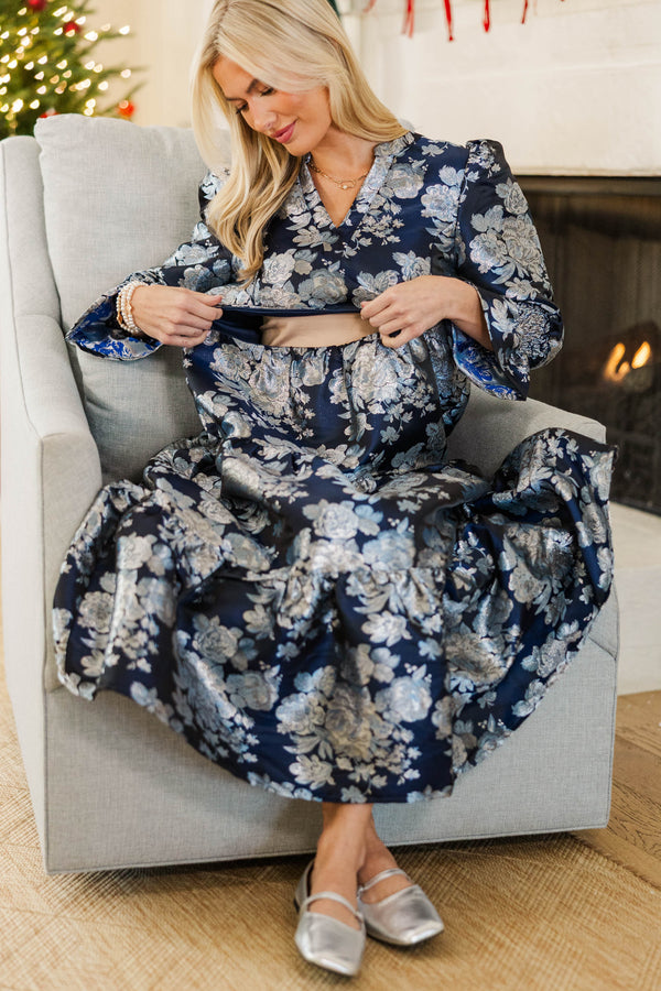 NURSING COLLECTION: What A Surprise Navy Brocade Midi Dress