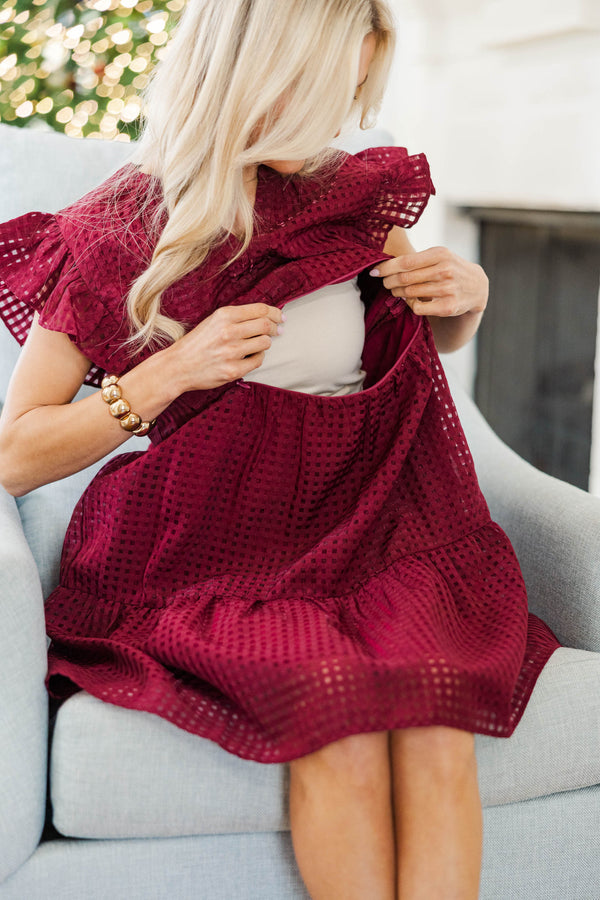NURSING COLLECTION: At This Time Burgundy Textured Babydoll Dress