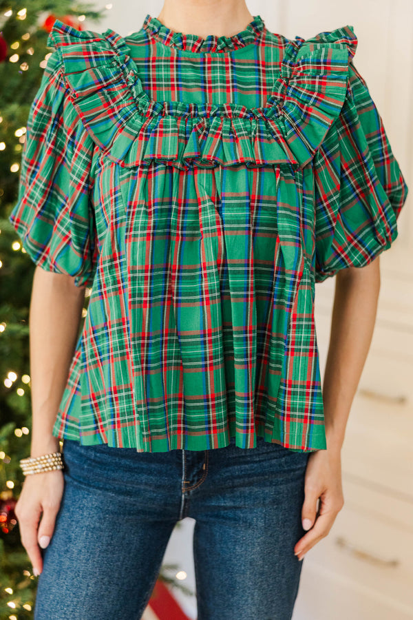 NURSING COLLECTION: Say Less Emerald Plaid Ruffled Blouse