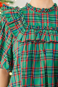NURSING COLLECTION: Say Less Emerald Plaid Ruffled Blouse