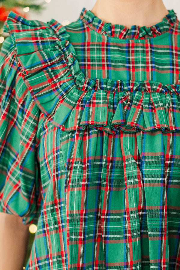NURSING COLLECTION: Say Less Emerald Plaid Ruffled Blouse