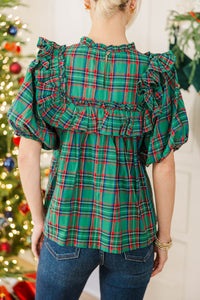 NURSING COLLECTION: Say Less Emerald Plaid Ruffled Blouse