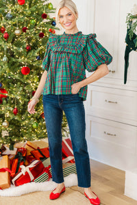 NURSING COLLECTION: Say Less Emerald Plaid Ruffled Blouse