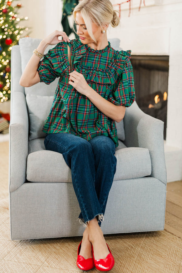 NURSING COLLECTION: Say Less Emerald Plaid Ruffled Blouse
