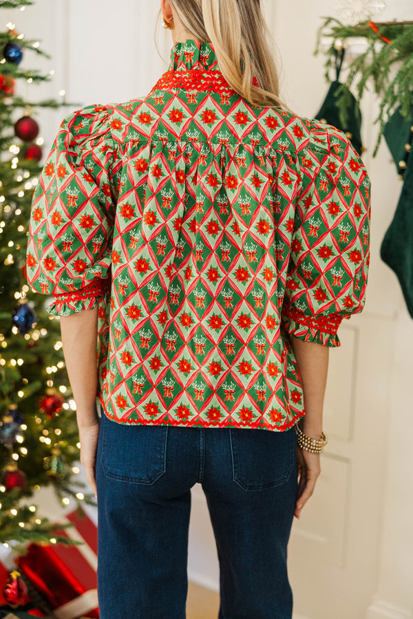 NURSING COLLECTION: Out For The Day Green Bow Medallion Blouse