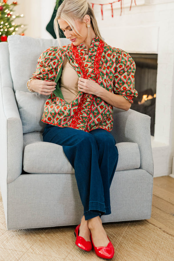 NURSING COLLECTION: Out For The Day Green Bow Medallion Blouse