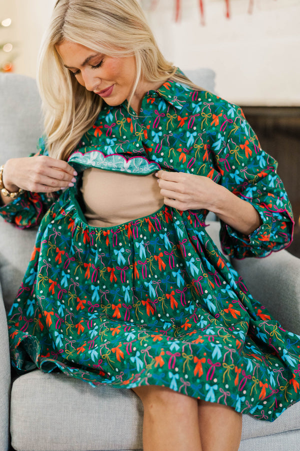 NURSING COLLECTION: Let's Be Jolly Green Bow Print Dress