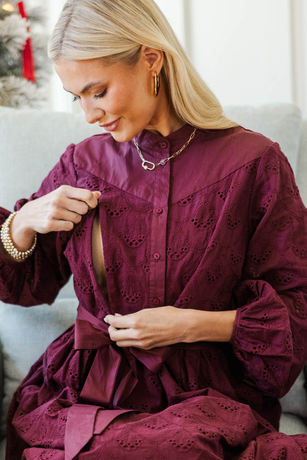 NURSING COLLECTION: Sweet Harmony Burgundy Eyelet Dress