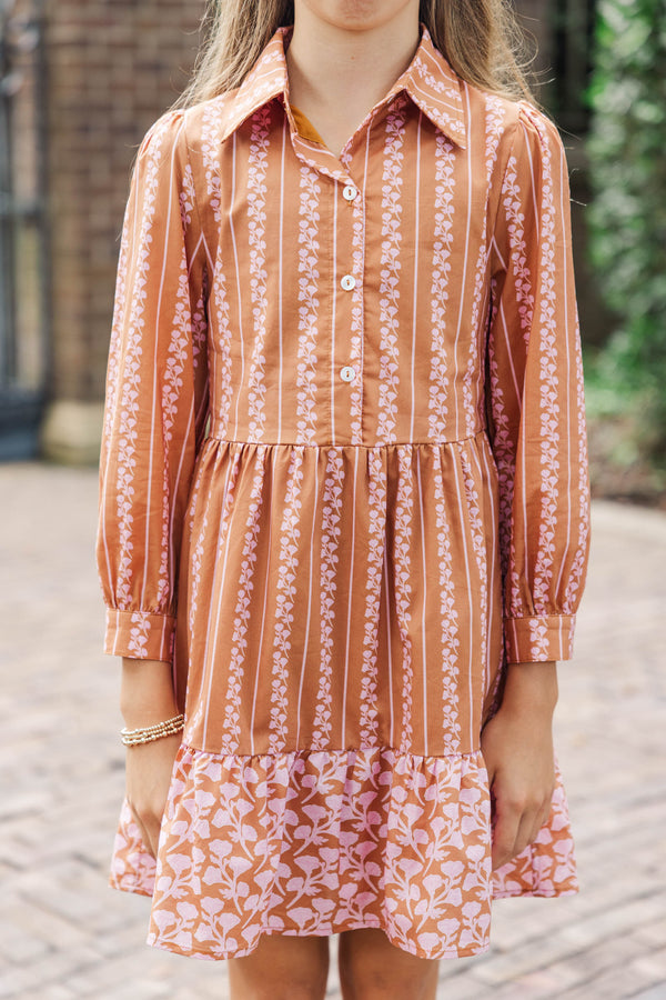 Girls: Back Porch Breezes Orange Floral Striped Collared Dress