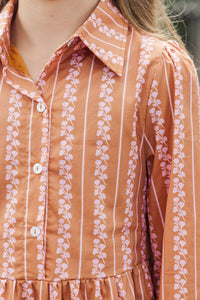 Girls: Back Porch Breezes Orange Floral Striped Collared Dress