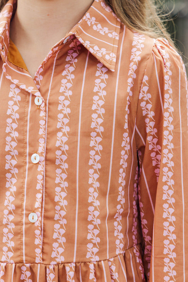 Girls: Back Porch Breezes Orange Floral Striped Collared Dress