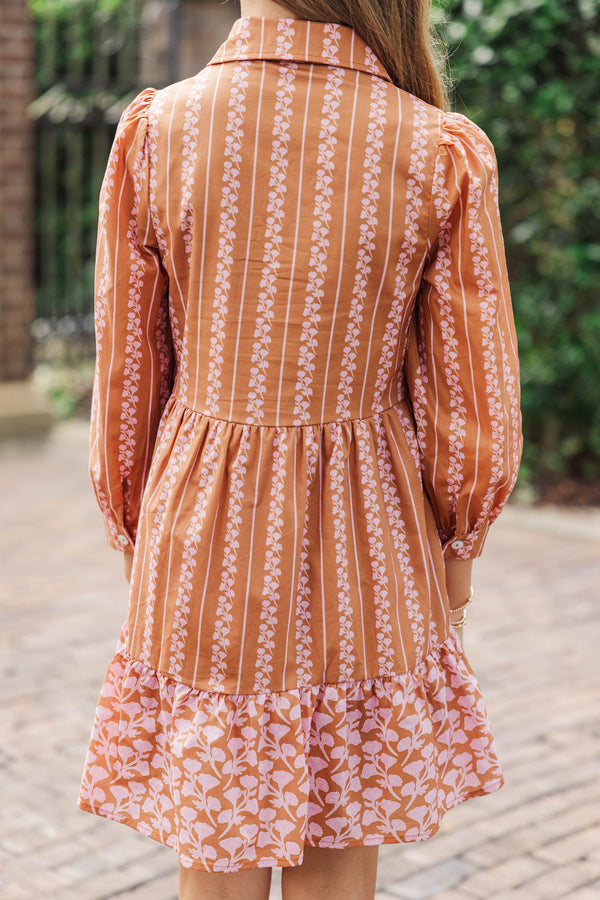 Girls: Back Porch Breezes Orange Floral Striped Collared Dress