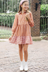 Girls: Back Porch Breezes Orange Floral Striped Collared Dress