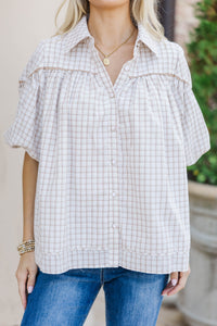 Better Than You Know Cream Plaid Puff Sleeve Blouse