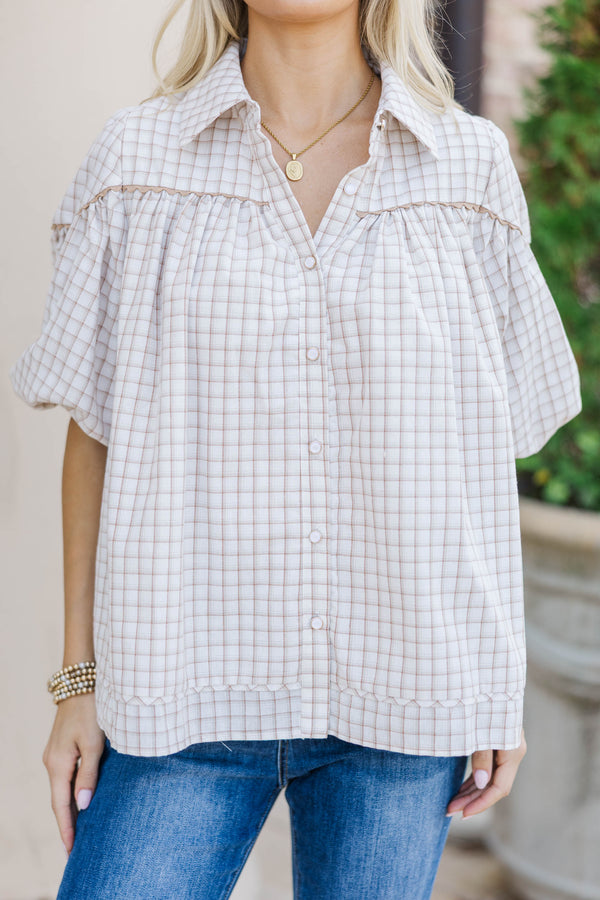 Better Than You Know Cream Plaid Puff Sleeve Blouse