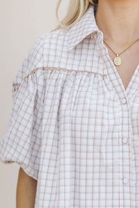 Better Than You Know Cream Plaid Puff Sleeve Blouse