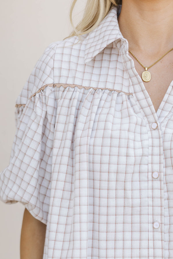 Better Than You Know Cream Plaid Puff Sleeve Blouse