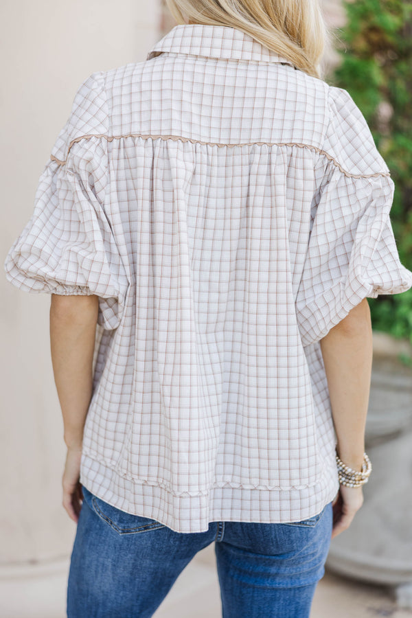 Better Than You Know Cream Plaid Puff Sleeve Blouse