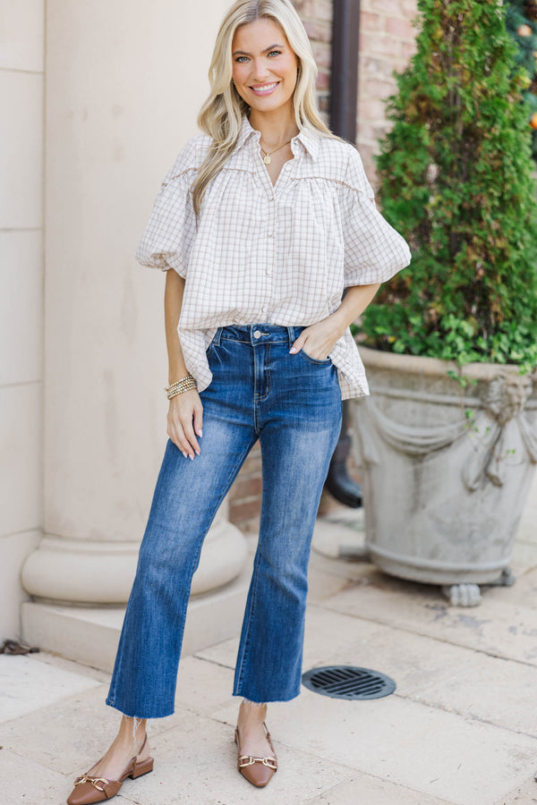 Better Than You Know Cream Plaid Puff Sleeve Blouse