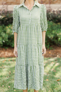 Love Found Olive Gingham Tiered Midi Dress