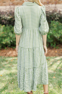 Love Found Olive Gingham Tiered Midi Dress