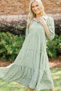 Love Found Olive Gingham Tiered Midi Dress