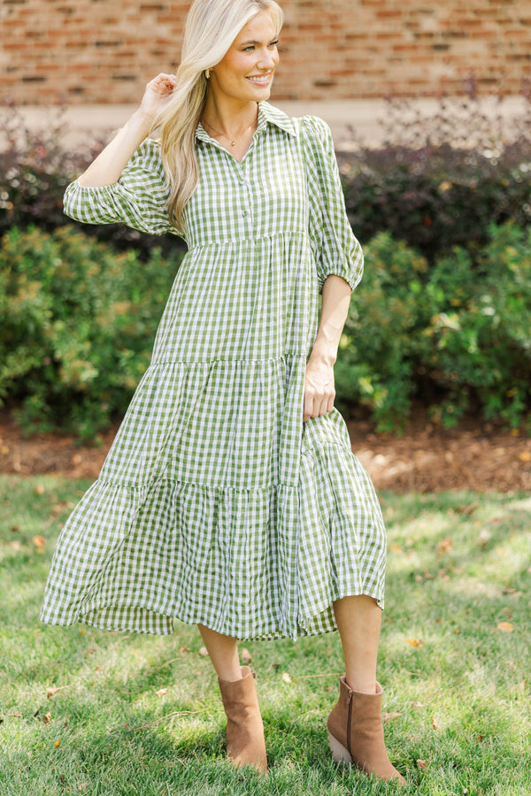 Love Found Olive Gingham Tiered Midi Dress