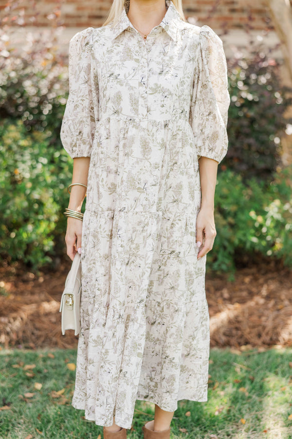 Love Found Olive Eyelet Tiered Midi Dress