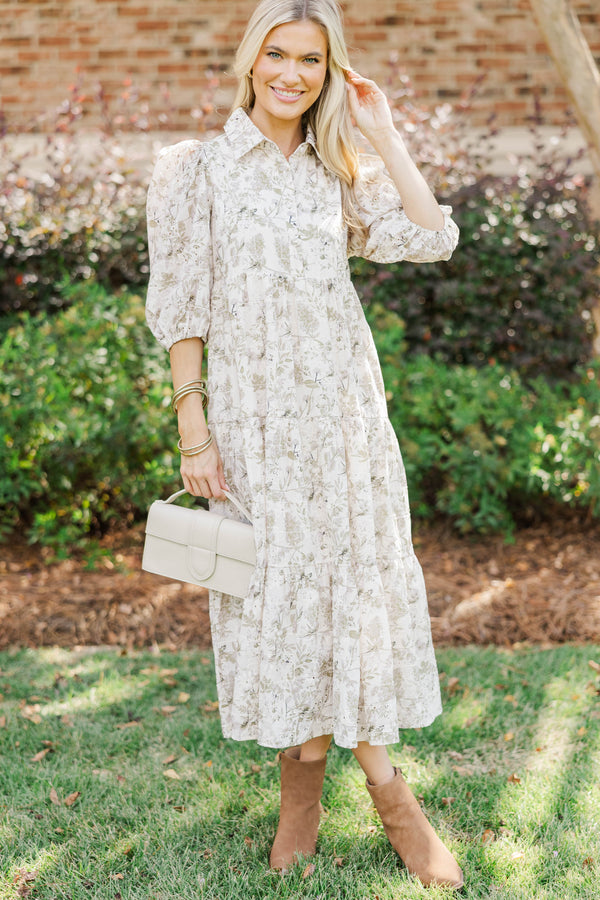 Love Found Olive Eyelet Tiered Midi Dress