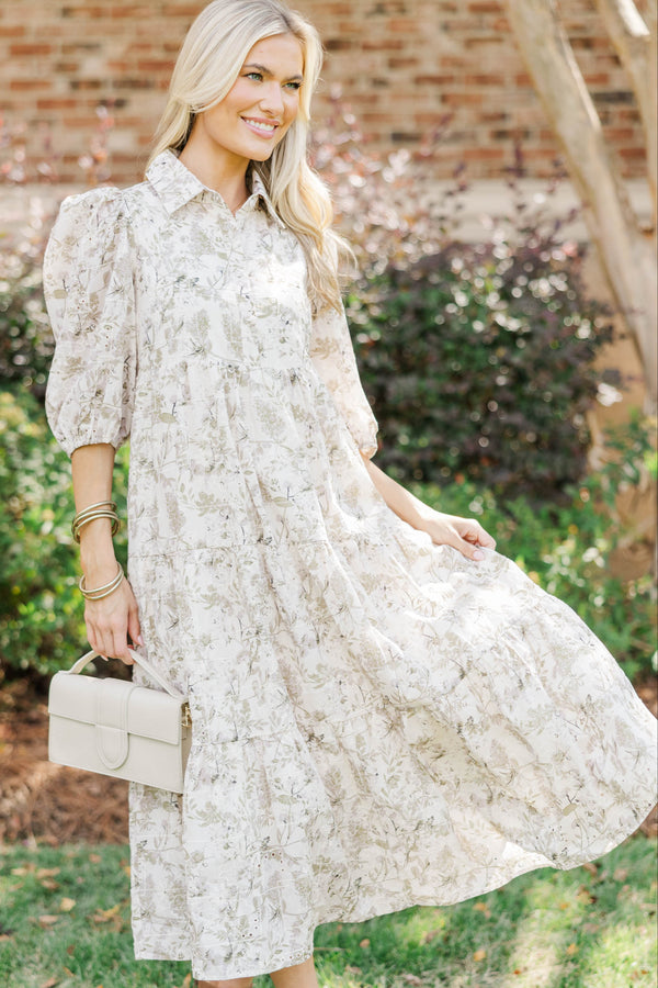 Love Found Olive Eyelet Tiered Midi Dress