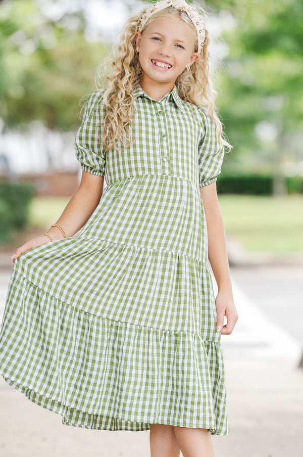 Girls: All That Charm Olive Gingham Dress