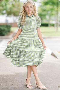 Girls: All That Charm Olive Gingham Dress