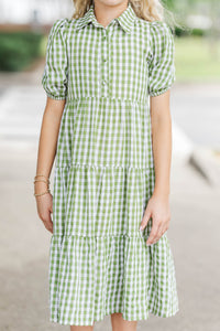 Girls: All That Charm Olive Gingham Dress