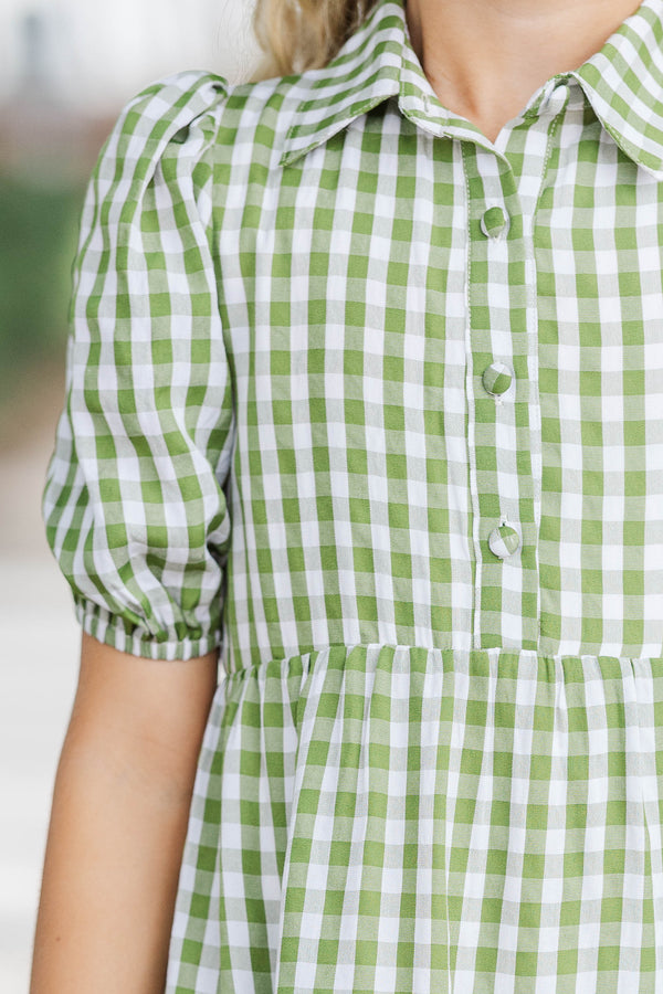 Girls: All That Charm Olive Gingham Dress