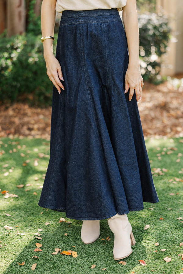 The Long Story Dark Denim Midi Skirt