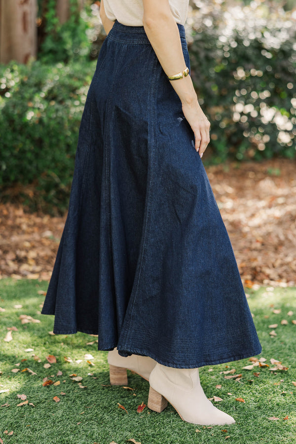 The Long Story Dark Denim Midi Skirt