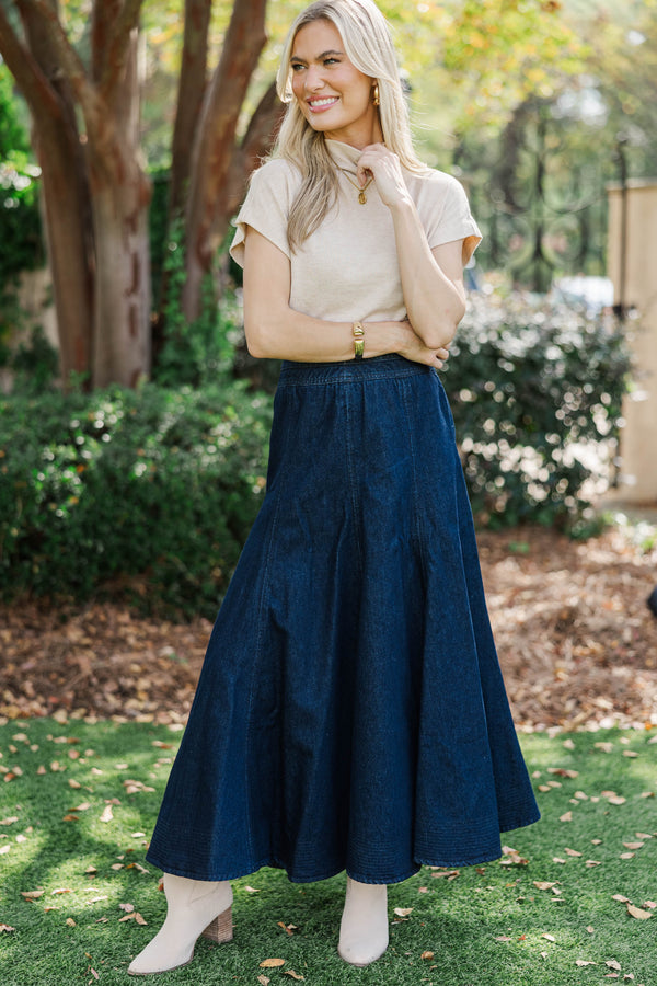 The Long Story Dark Denim Midi Skirt