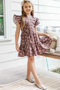 Girls: At This Time Brown Bow Print Dress
