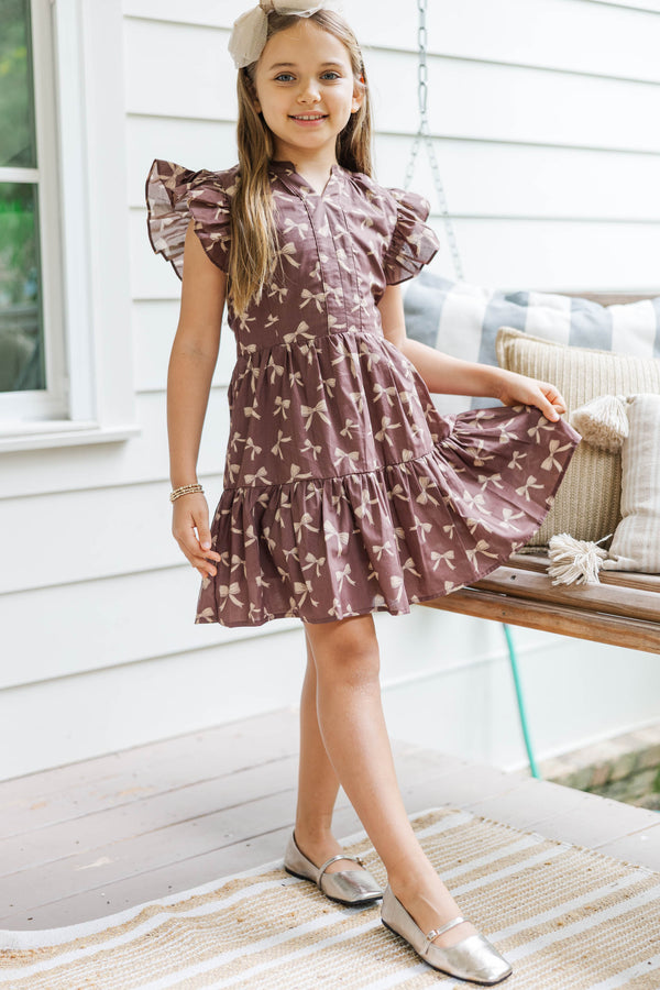 Girls: At This Time Brown Bow Print Dress