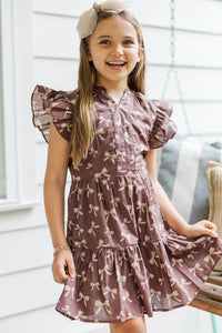 Girls: At This Time Brown Bow Print Dress