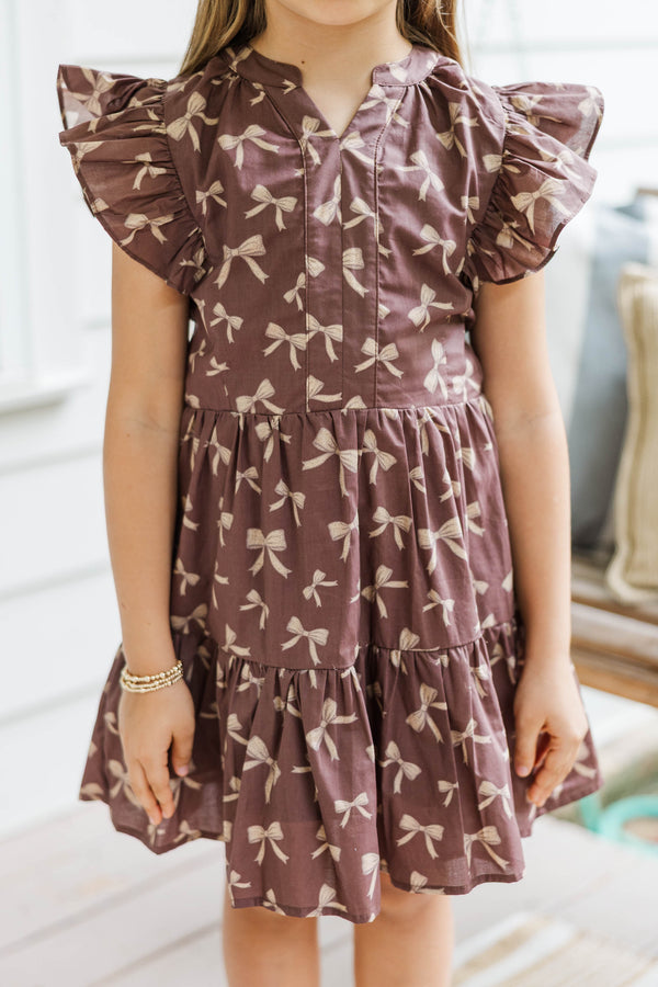 Girls: At This Time Brown Bow Print Dress