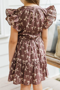 Girls: At This Time Brown Bow Print Dress