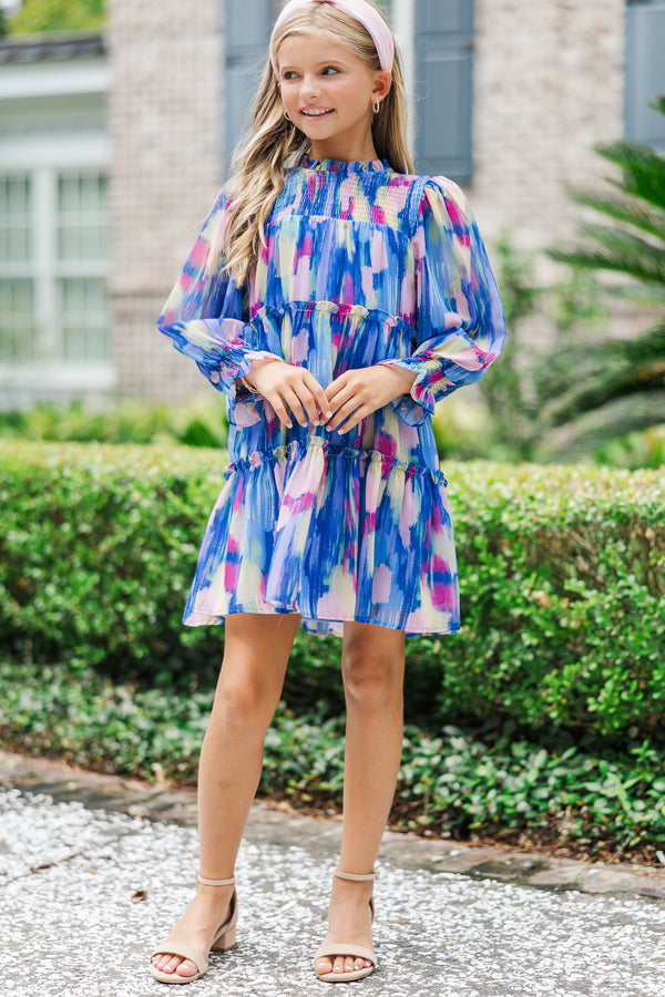 Girls: All About It Navy Watercolor Babydoll Dress