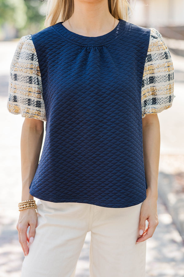 All With Time Navy Tweed Bubble Sleeve Blouse