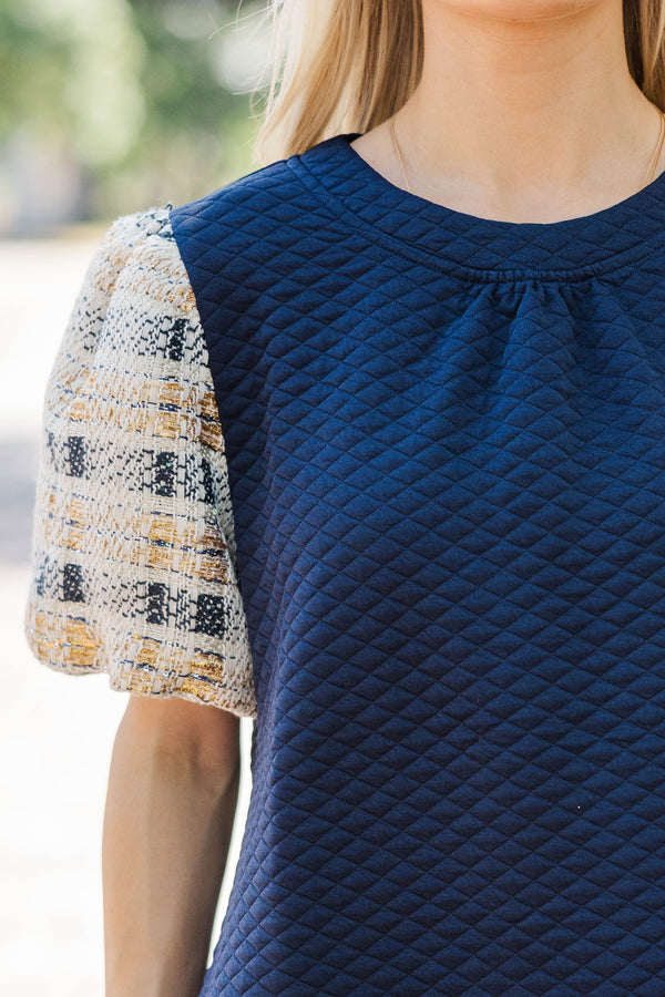 All With Time Navy Tweed Bubble Sleeve Blouse