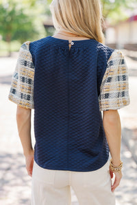All With Time Navy Tweed Bubble Sleeve Blouse